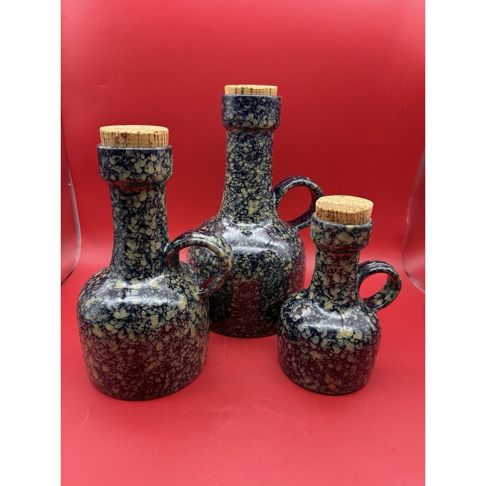 3 Vtg Mottled Blue Craft Pitcher Jug Vase 66/9 Italy Bitossi Pottery 10", 8", 6"